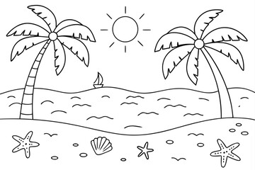 Cartoon Tropical Beach Scene With Palm Trees Sun Sailboat Starfish And Seashells Outline vector illustration