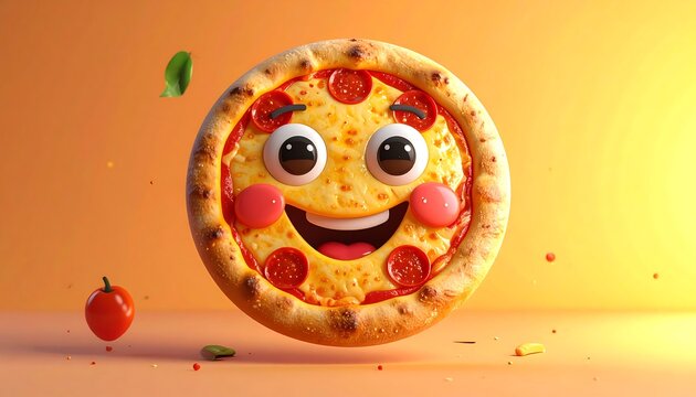 A cheerful, animated pizza with pepperoni, cheese, and cute features