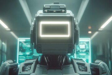 Advanced humanoid robot with a futuristic interface standing in a sleek laboratory environment illuminated by neon lights showcasing the evolution of technology and artificial intelligence