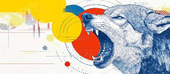 Angry wolf roaring wolf cartoon fangs wild animal aggressive illustration graphic art blue ink red circle yellow shapes geometric modern abstract dynamic fierce open mouth teeth snarl predator