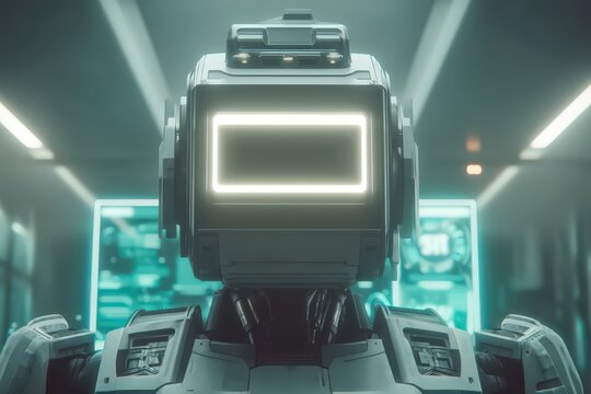 Advanced humanoid robot with a futuristic interface standing in a sleek laboratory environment illuminated by neon lights showcasing the evolution of technology and artificial intelligence