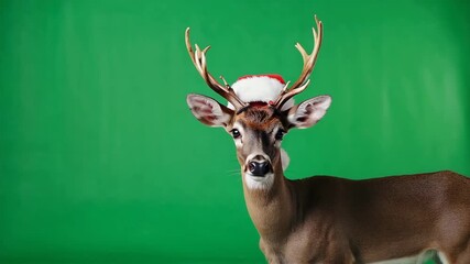 white tailed deer with christmas hat on green screen background - Powered by Adobe