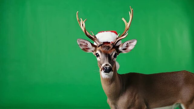 white tailed deer with christmas hat on green screen background
