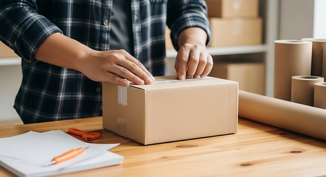 Small business owner carefully packing a cardboard box for shipping to a customer.