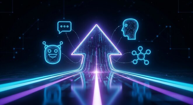 Concept of AI advancement showcasing a glowing upward arrow surrounded by technology icons like chatbots and neural networks on a futuristic digital path