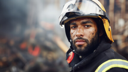 Firefighter facing camera with determined expression, emergency in background