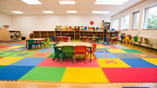 An empty classroom with a colorful alphabet-patterned floor. Tables and chairs are arranged throughout