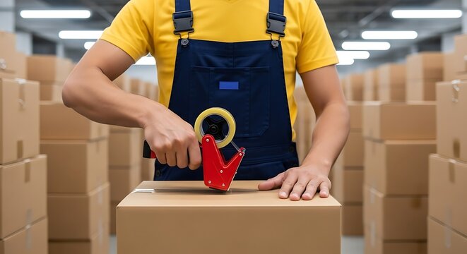 Warehouse worker sealing cardboard box with tape dispenser in a busy logistics center.