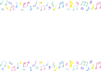 手描きのシンプルでカラフルな音符と音楽記号の背景フレームイラスト