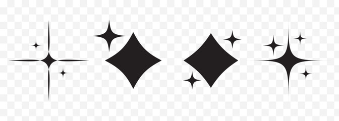 Sparkle Icons. Twinkle stars set. Shine star icons. Shine, glitter, twinkling star. star shapes suggesting sparkle or cleanliness in solid black On Transparent Background. EPS 10.