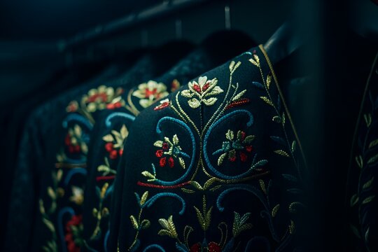Elegant embroidered jackets hang in a dimly lit closet, showcasing intricate floral designs