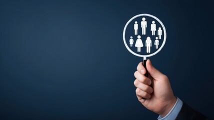 business plan market research execution. Hand holding a magnifying glass displaying diverse human figures on a dark background.