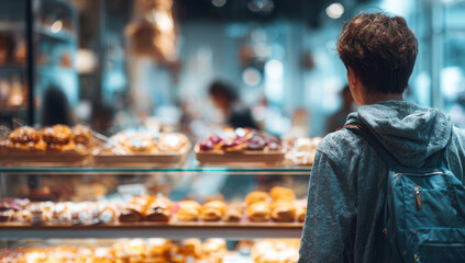 Young person admires delicious pastries in a busy bakery at midday in a vibrant urban setting