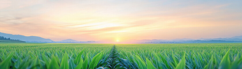 Beautiful landscape of green field and sunset