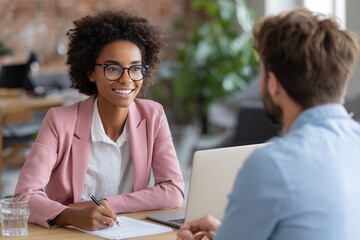 Job interview taking place in a modern office with a confident candidate and an attentive interviewer