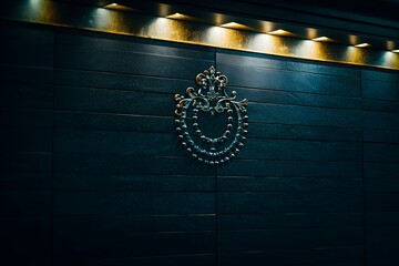 Ornate gold wreath on a dark wooden door illuminated by warm lights above it