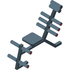 Gray Exercise Bench with Red Accents and Weight Storage Rack Isometric View on Transparent Background Gym Equipment Fitness Tool for Workout and Training