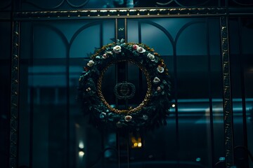 Elegant christmas wreath adorns a wrought iron gate, casting a festive glow at night