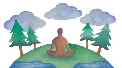 Meditating man sitting on the earth with trees and clouds isolated on white background