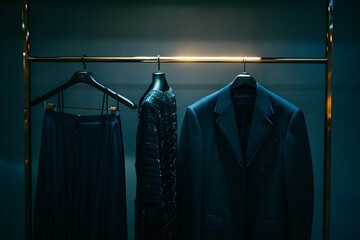 Elegant wardrobe with stylish clothing hanging on a rack in a dimly lit room