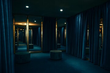 A dimly lit dressing room with blue velvet curtains and mirrors reflecting the space