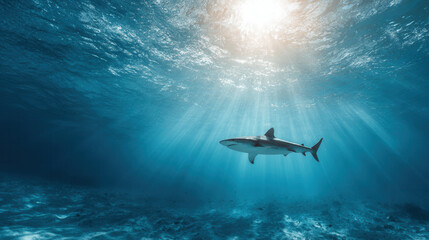 Shark swimming gracefully in clear ocean water with sun rays shining down