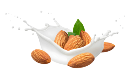 Delicious almonds splashing into creamy milk, a healthy refreshing treat for anyone