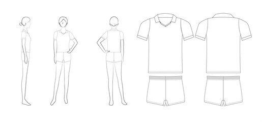 女子バレーボールユニフォームのテンプレート（半袖・襟付き・ショートパンツ・前・後・横・平面図）Women's Volleyball Uniform Template &ndash; Short-Sleeve Collared Shirt with Shorts, Front, Back, Side & Flat Views
