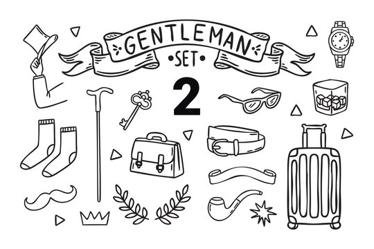 Vintage gentleman set with hand tip hat socks cane key briefcase belt pipe suitcase whiskey watch glasses laurel crown line art monochrome hand drawn