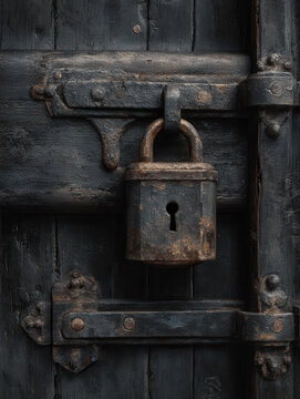 Rusty padlock on an ancient wooden door with intricate iron details in a dimly lit environment