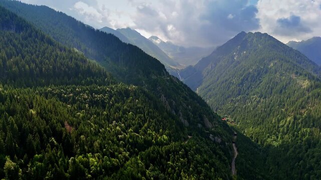 Mountain slopes and forest in Fagaras Mountains, Romania. Drone view of green forested slopes of the Fagaras Mountains with layered ridges fading into the misty horizon in Romania.