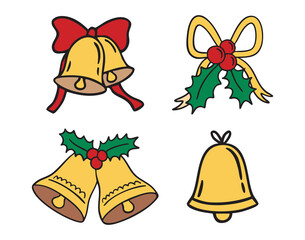Christmas bells clipart set with bows and holly, festive jingle vibe, holiday collection, hand drawn.