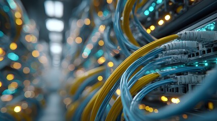 Close-up of a server room shows intricate blue and yellow cables. Glowing LEDs create a soft bokeh background in this futuristic, cinematic photo.