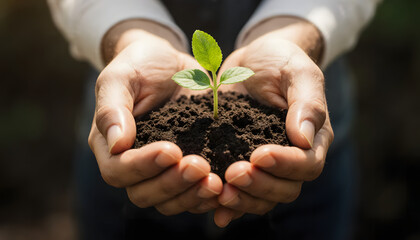 Nurturing Growth: Tender hands cradle a nascent seedling in rich soil, symbolizing new beginnings, sustainability, and the promise of growth and nurture.