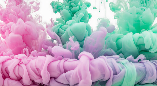 Ethereal blend of pink, purple, and mint green paint whisked in water, creating a vibrant abstract cloudscape on a white background