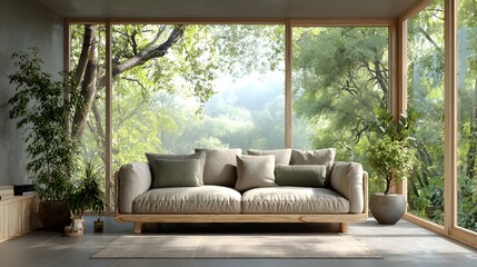 Comfortable sofa in a modern living room with large windows. This serene and peaceful interior design photo looks out into a beautiful sun-drenched forest.