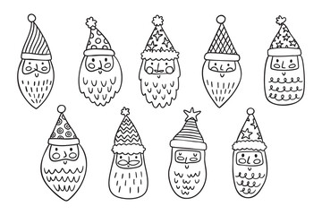Set of santa claus portraits decorative clipart, monochrome line art doodle hand drawn cartoon clipart set collection elements