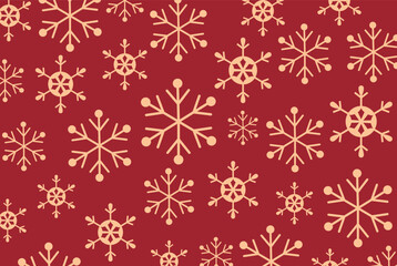 Seamless pattern of various sized gold snowflakes densely scattered on a deep red background. Warm vector design perfect for traditional Christmas greetings and winter holiday backdrops. © bibin
