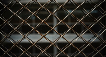 Fototapeta premium Closeup of a rusty wire mesh over a blurred windowlike background