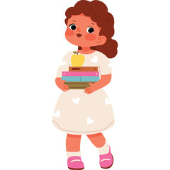 Young Girl With Curly Brown Hair Wearing A White Dress With Pink Shoes And White Heart Patterns Holds A Stack Of Colorful Books And A Yellow Apple In Front Of A Transparent Background