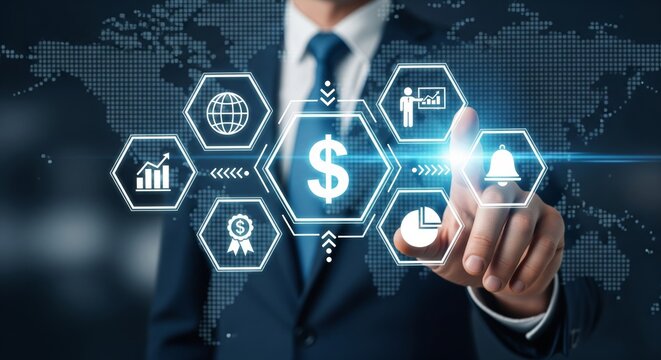 Business Touching Neon Finance Dashboard with Globe, Bar Chart and Pie Chart - Powered by Adobe