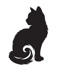 Black silhouette of a fluffy cat sitting and looking to the side animal