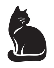 Black silhouette of a sleek cat sitting with stylized lines on its body animal