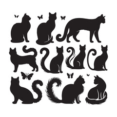 Diverse collection of black cat silhouettes with butterflies on white background