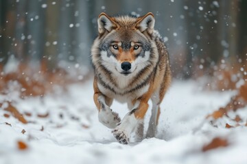 Close up of arctic wolf running with snow flying from paws