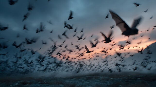 Dramatic photo of a bat with its mouth open, leading a massive swarm from a dark cave. Motion blur captures the flurry of wings in this cinematic shot.