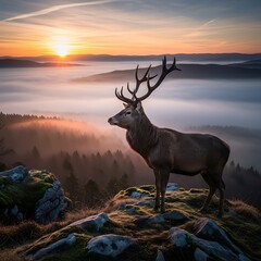 Naklejka premium Majestic Red Deer Stag on a Mountain Peak at Sunrise with Misty Valley Below.