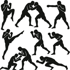 Mixed martial arts icons set, collection and group. Silhouette of fighters training, punching, grappling, and defending in MMA combat. Sport vector illustration for strength, power, and competition de