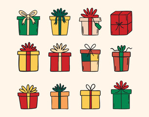 Cozy beige Christmas gifts clipart set with present boxes, ribbons and bows, warm holiday collection, hand drawn.