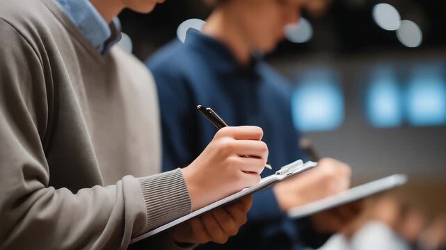 A close-up of participants taking notes during a psychological well-being seminar, symbolizing engagement, learning, and the pursuit of personal growth and emotional stability. cinematic color